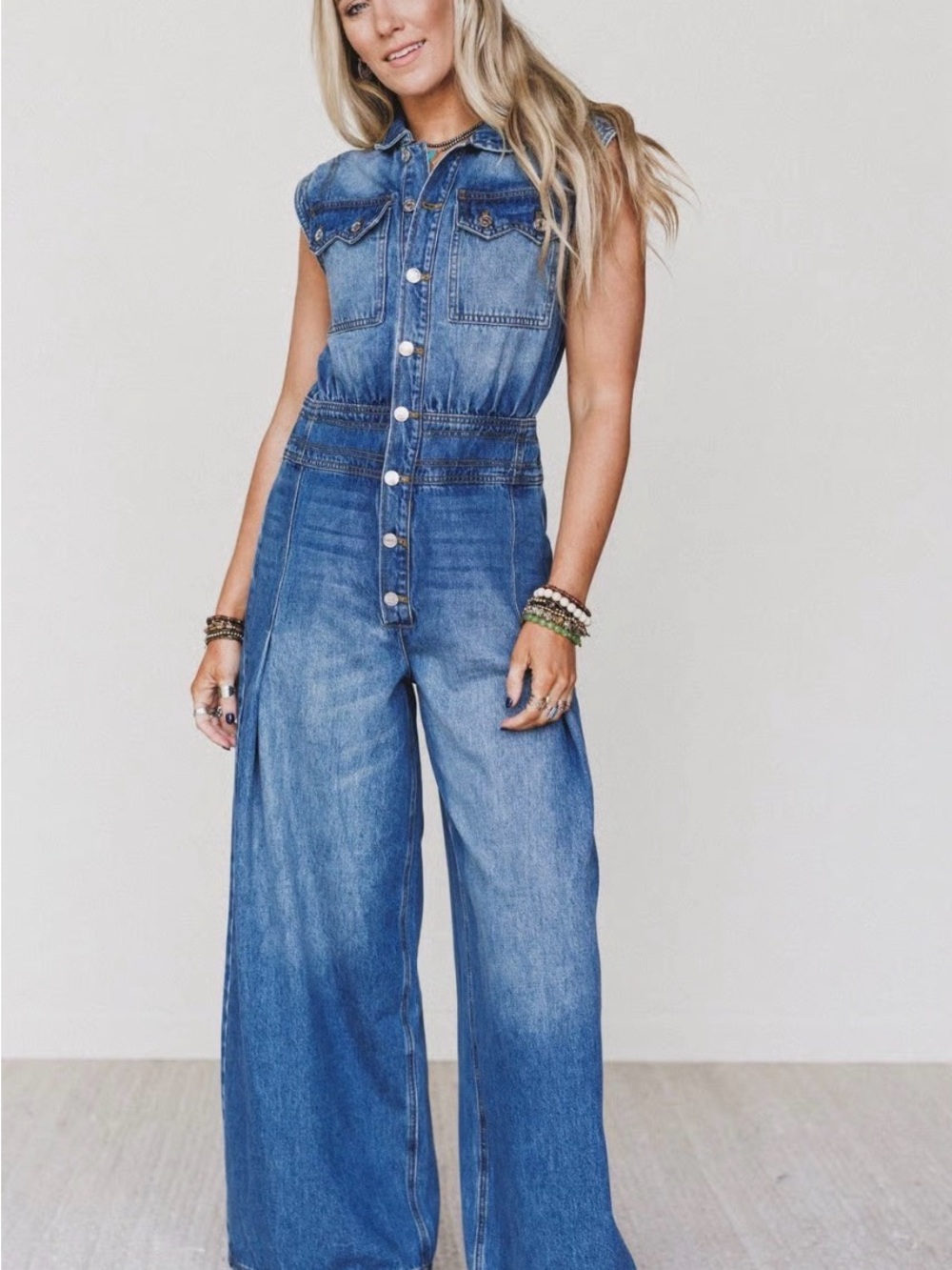 BUCKETLIST Sleeveless Denim Wide-Leg Jumpsuit - Blue